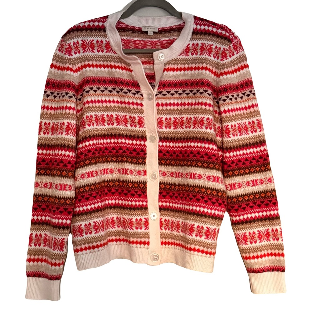 Talbots Fair Isle‎ Red Pink Knit Cardigan Large Cozy Cottage Fall Preppy